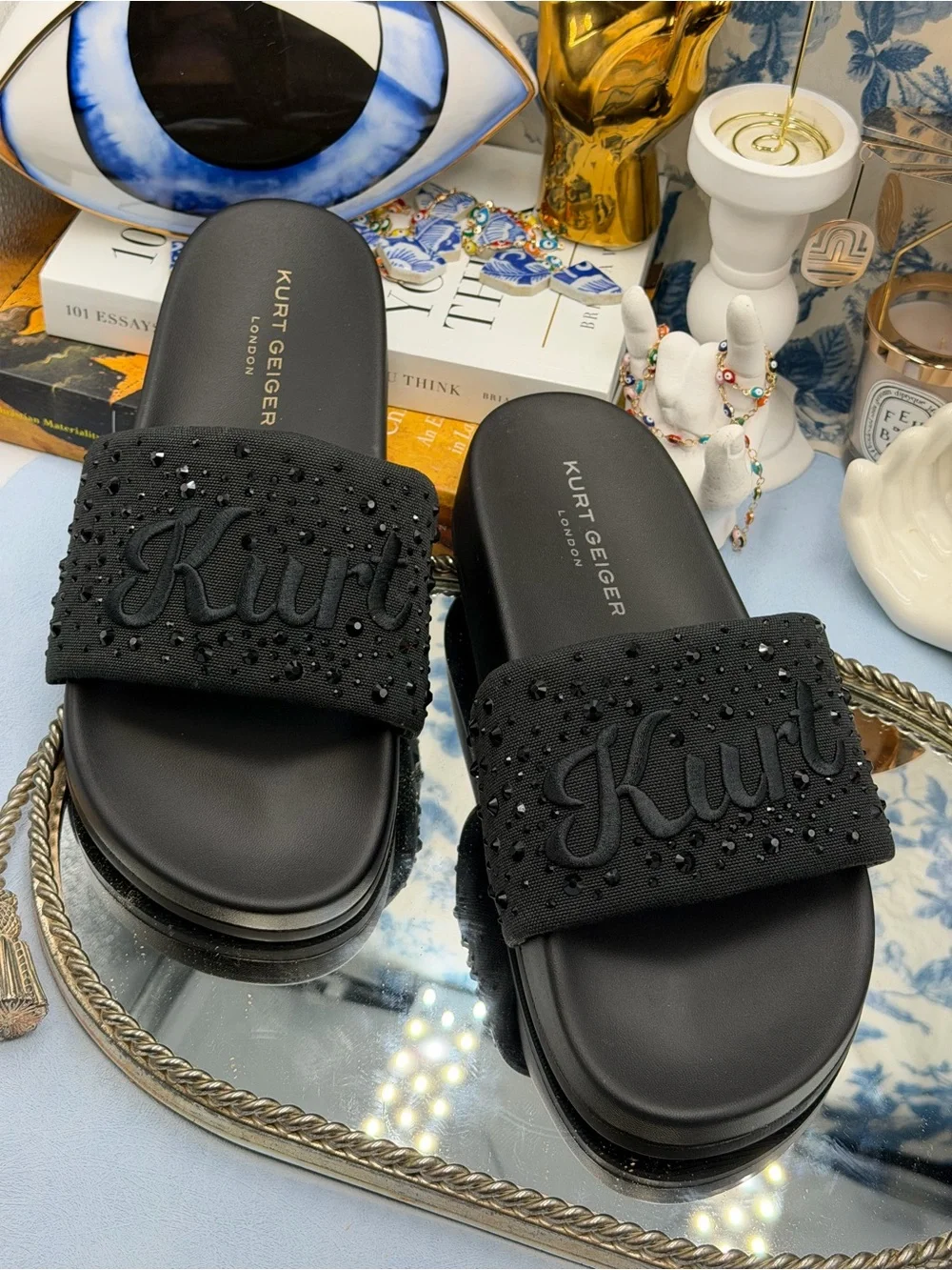 🆕 KURT GEIGER LONDON 🧿 NWOB Brockwell Black Embroidered Logo KURT Slide Sandal